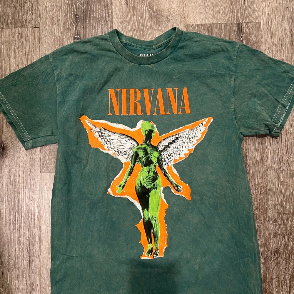 NIRVANA Green Tee with Orange and White Graphic